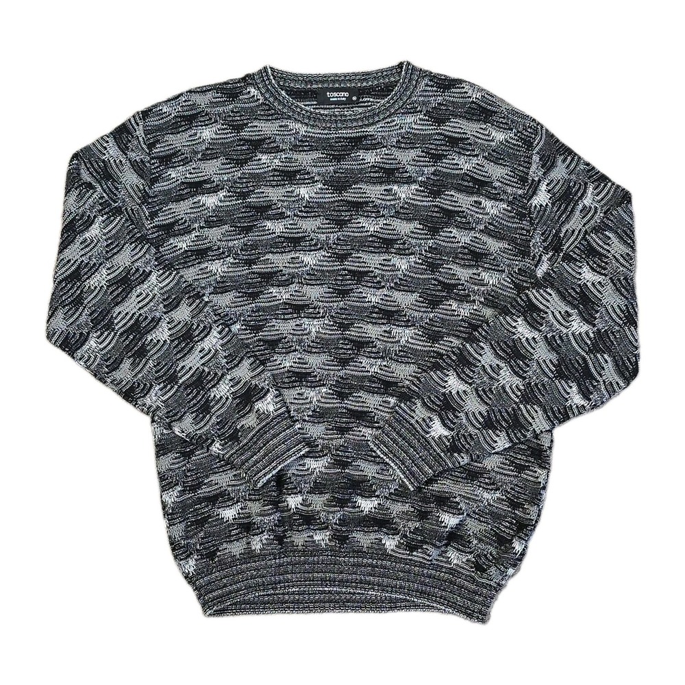 Toscano Italy 3D Textured Knit Sweater Mens M Black Gray Crewneck Coogi Style